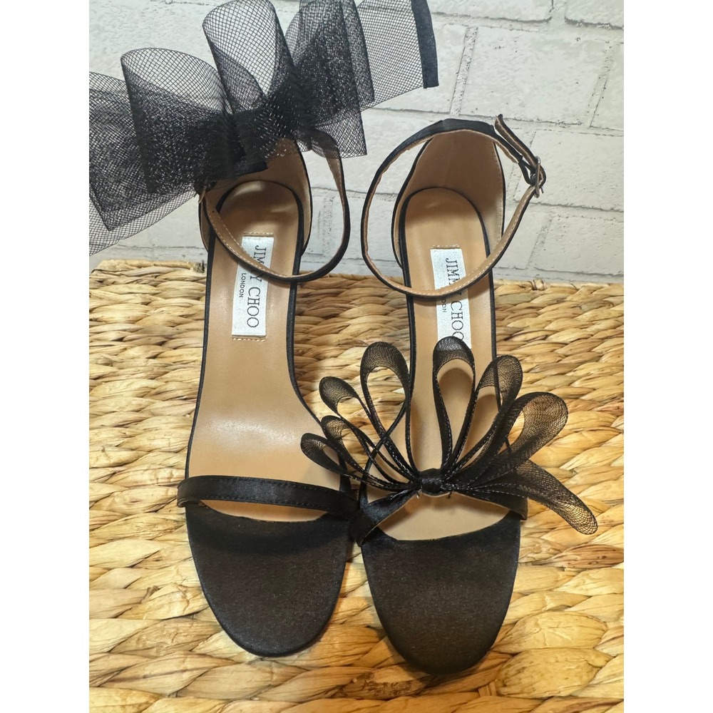 Jimmy Choo Aveline 100 Black Satin Asymmetric Mesh Bow Sandals Heels Size‎ 41